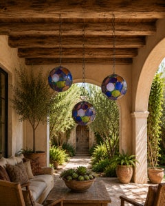 Lanterna vintage marocchina a forma di sfera in vetro modellato multicolore, Marrakech, intorno al 1970