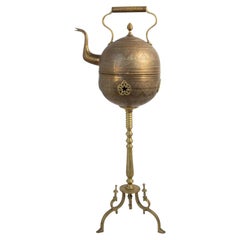Monumental Moroccan Engraved Brass Tea Kettle on Stand