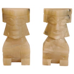 Vintage Carved Mexican Aztec Mayan Figure Onyx Stone Bookends 1950s