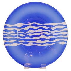 Leonard Marty Cobalt Blue with Etched Waves Large Art Glass Bowl Signed Dated