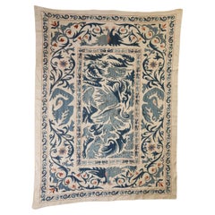 Vintage Blue Floral and Birds Suzani Uzbek Embroidered Textile