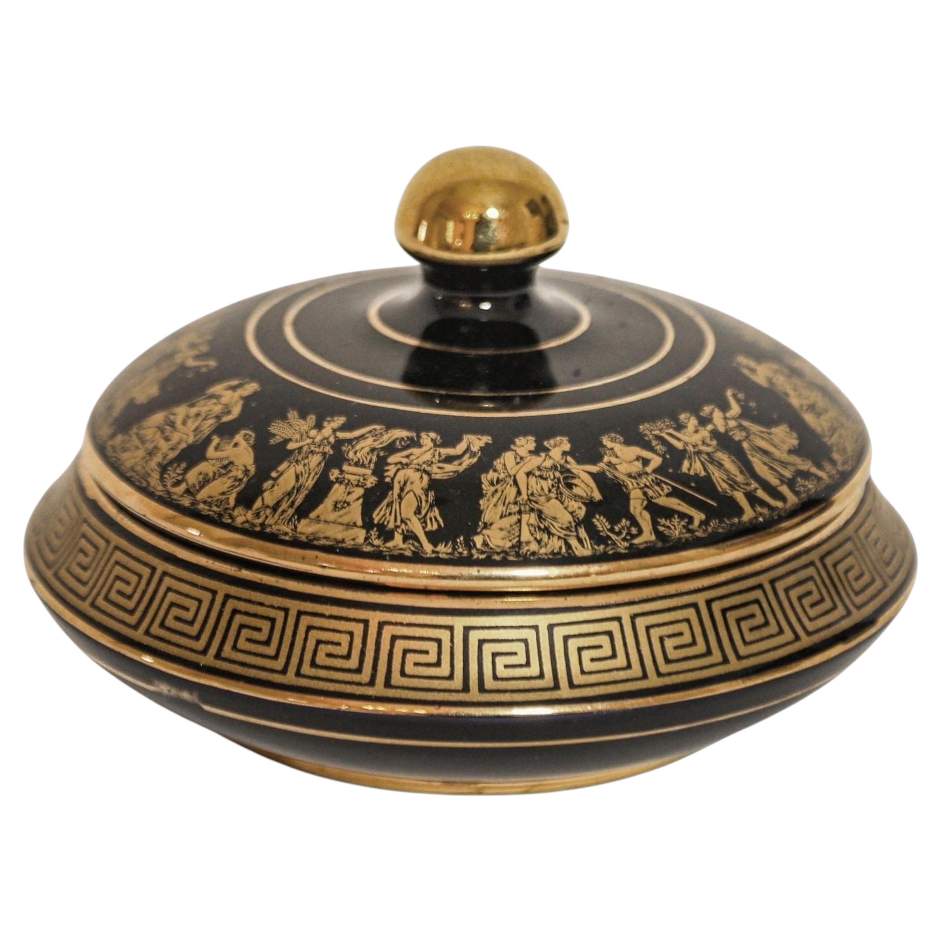 Black with 24K Gold Porcelain Jar with Lid Made in Greece by Spyropoulos 1960s