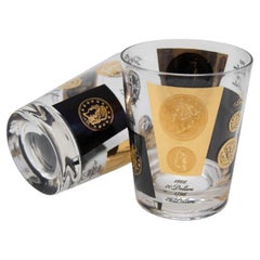 Set of 2 Double Old Fashioned Gold and Black Coin Barware Glasses by Cera 1960s