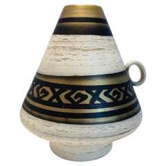 1970s Vintage Handmade German Ceramic Vase with Gold Geometric Design