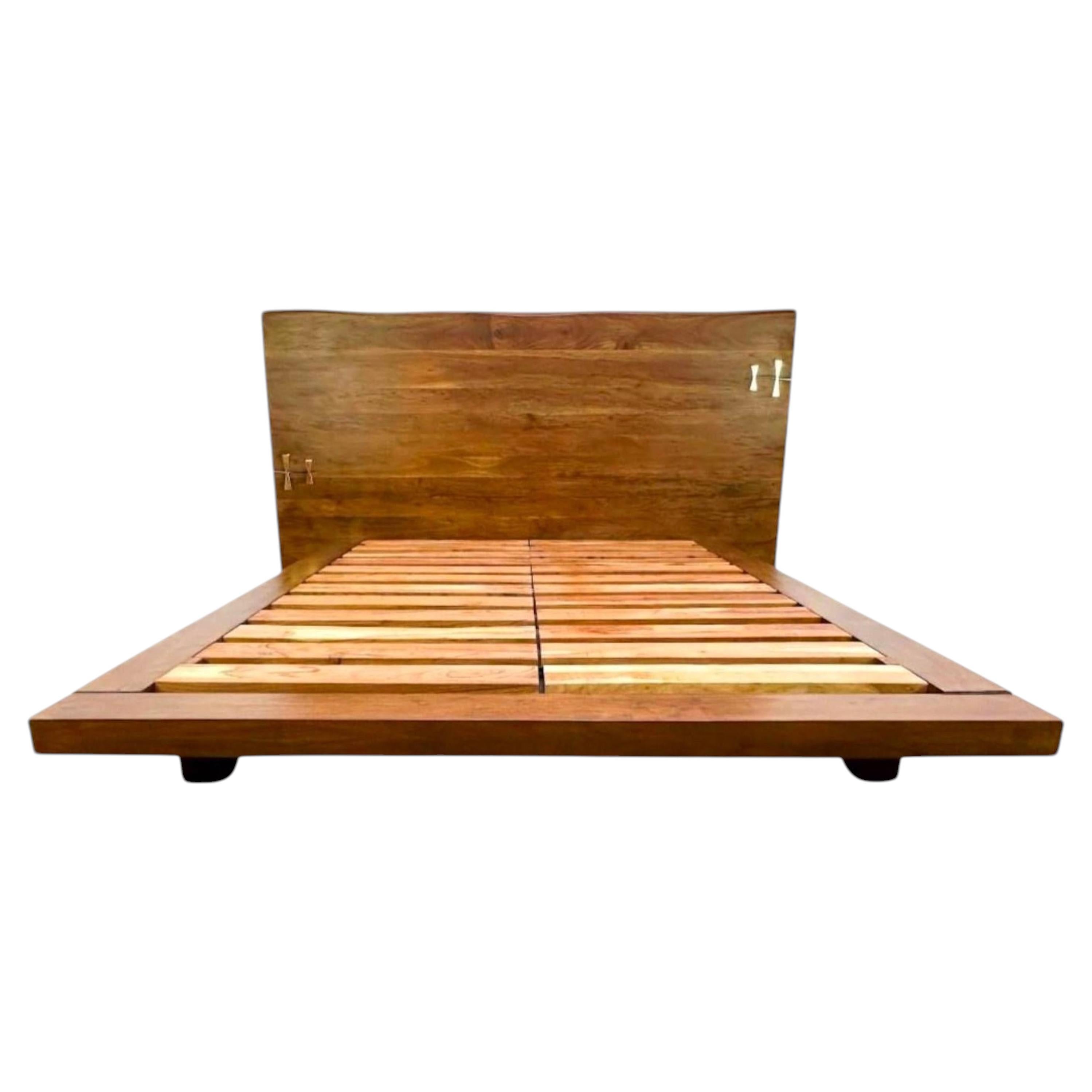 American Organic Modern Live-Edge Queen Platform Bed with Brass Inlays