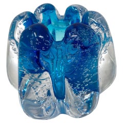 Handcrafted Floriform Blue and Clear Cased Murano Style Art Glass Paperweight