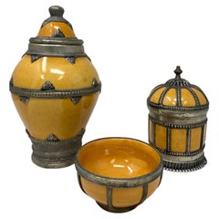 Set of 3 Vintage Moroccan Ceramic Jars with Silver Filigree, 1980