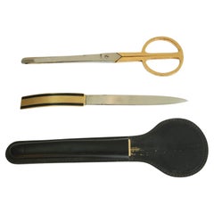 Schreibtischset aus Leder und Messing mit Brieföffner und Scheren aus Messing, 1950er Jahre