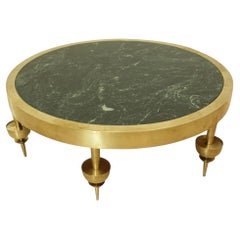 Custom Modernist Art Deco Polished Brass & Green Marble Round Coffee Table, 2010