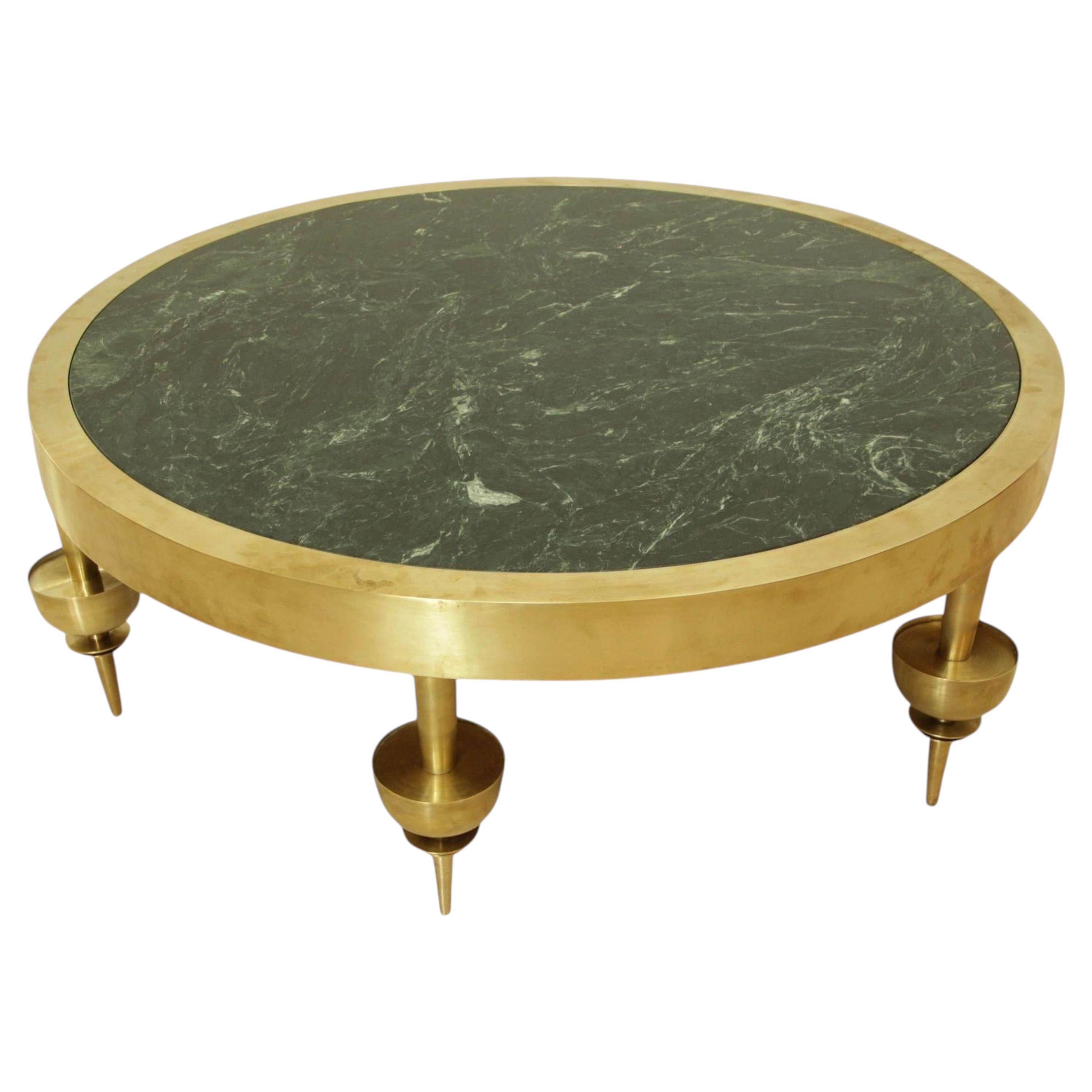 Table basse ronde sur mesure de style Art déco moderniste, en laiton poli et marbre vert, 2010 en vente