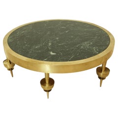 Table basse ronde sur mesure de style Art déco moderniste, en laiton poli et marbre vert, 2010
