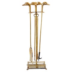 Vintage French Solid Brass Duck Head Fireplace Tool Set, Maison Jansen Style, 19
