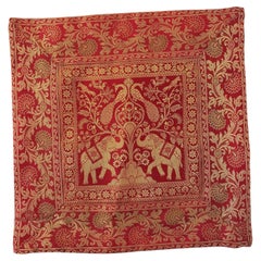 Exotic Silk Throw Pillow with Elephants and Peacocks India