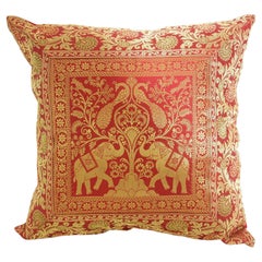 Decorative Silk Throw Pillow with Elephants and Peacocks India