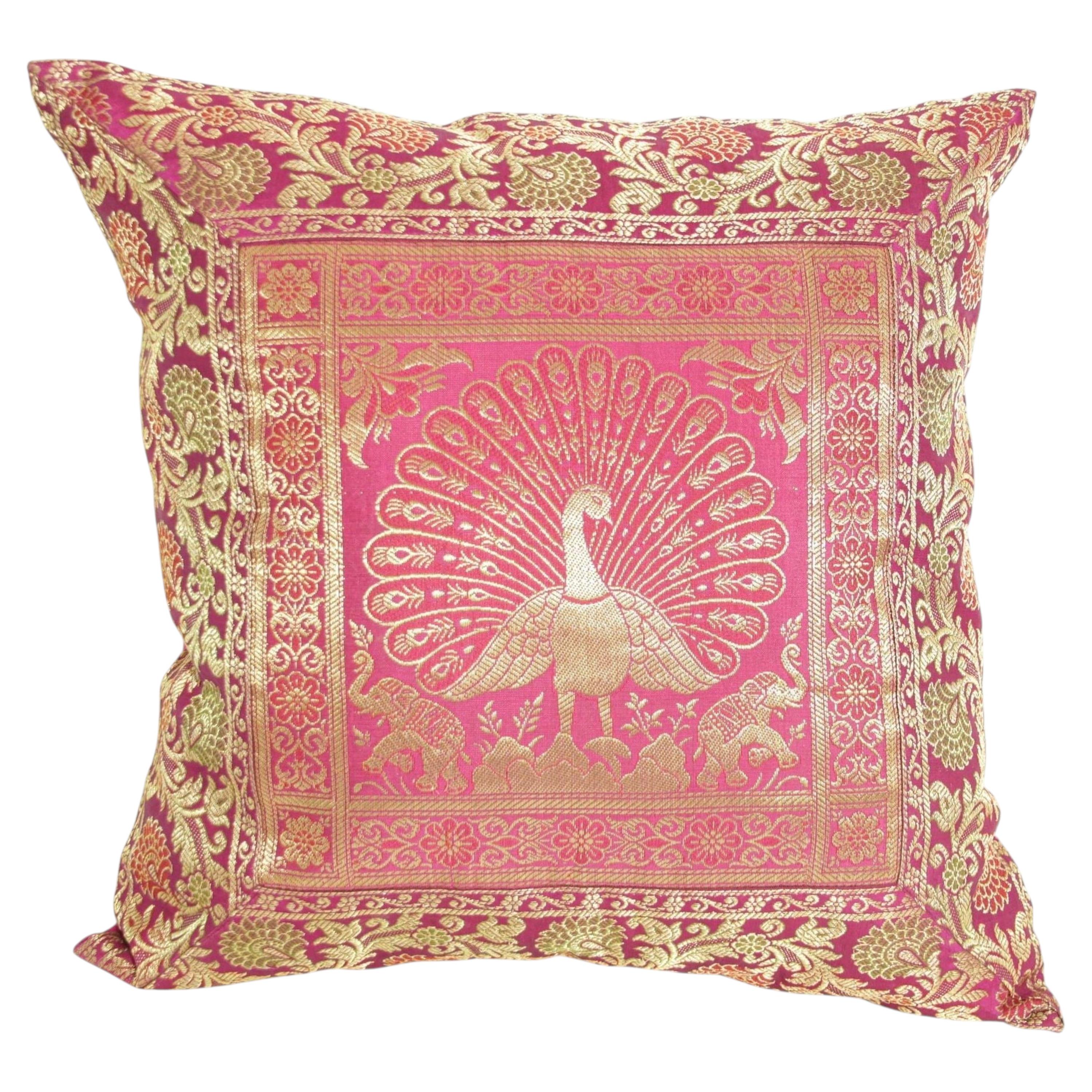 Hot Pink Silk Brocade Throw Pillow, Peacock Design, Indian Art, 1980 For Sale