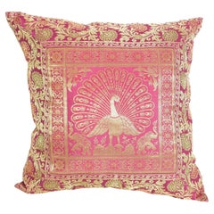 Hot Pink Silk Brocade Throw Pillow, Peacock Design, Indian Art, 1980