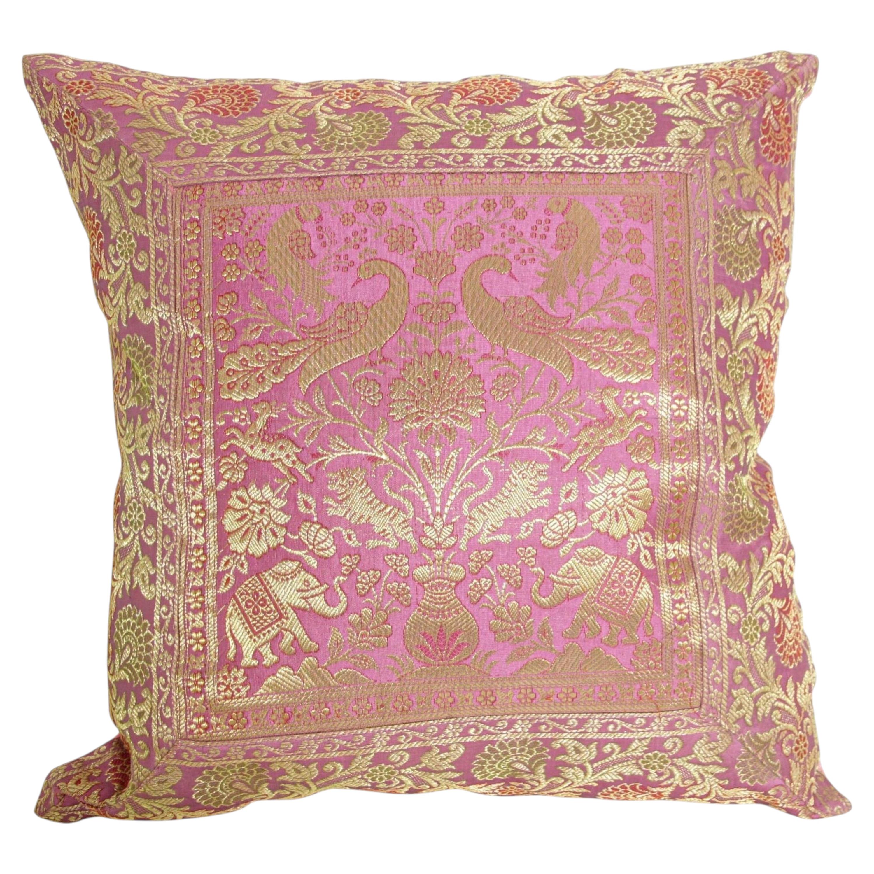 Silk Pink Throw Pillow with Elephants and Peacocks India