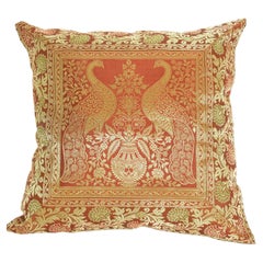 Red Silk Throw Pillow with Elephants and Peacocks India