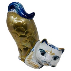 Grande statuetta in ceramica e ottone di Tonala Mexican Stretching Cat, vintage