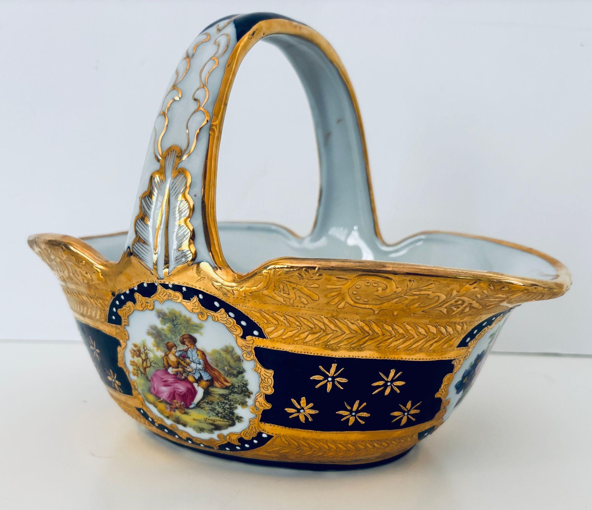 Louis XIV Cobalt Blue Porcelain Basket Vase with 22K Gold Encrustation and Romantic Scene For Sale