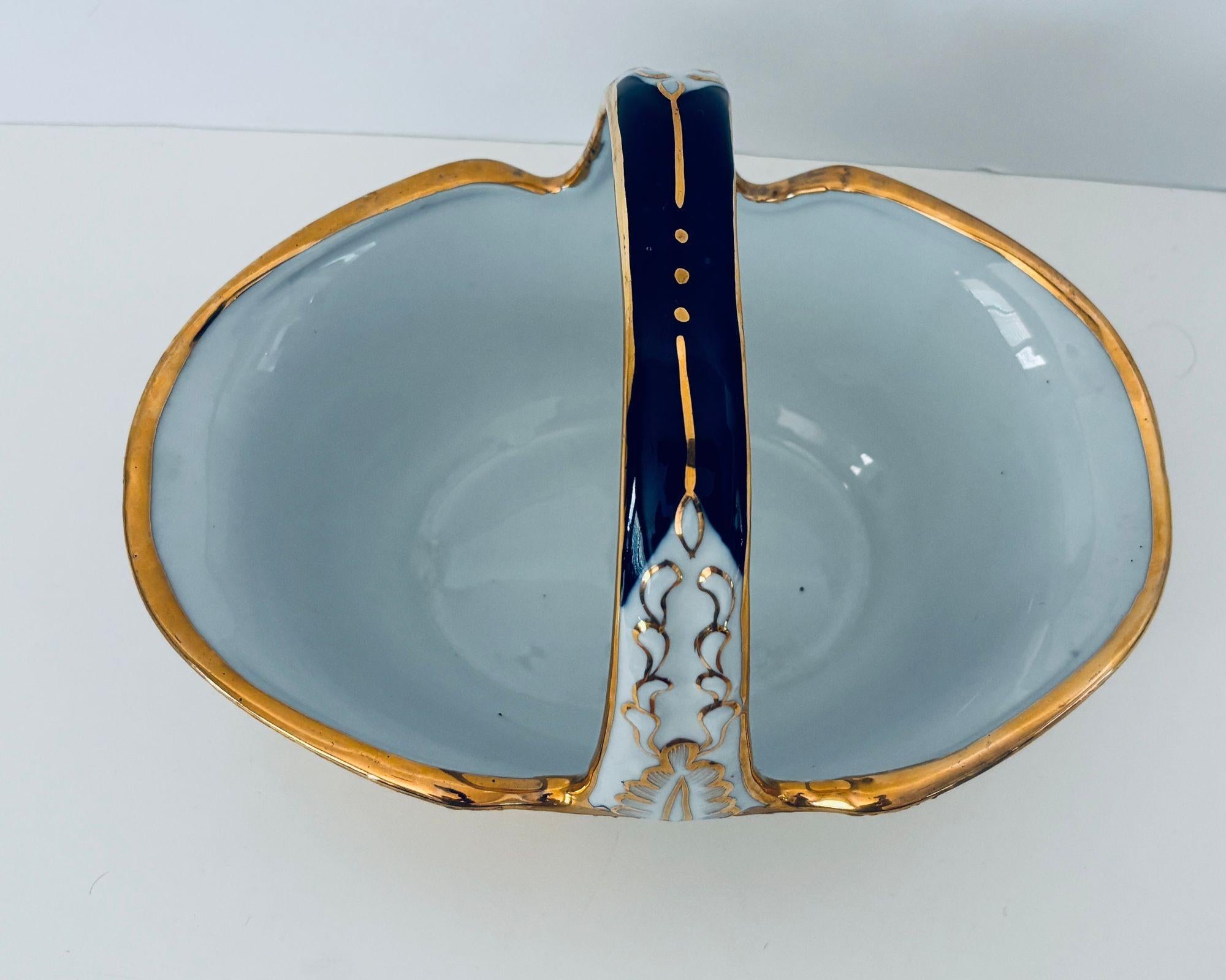 Hand-Carved Cobalt Blue Porcelain Basket Vase with 22K Gold Encrustation and Romantic Scene For Sale