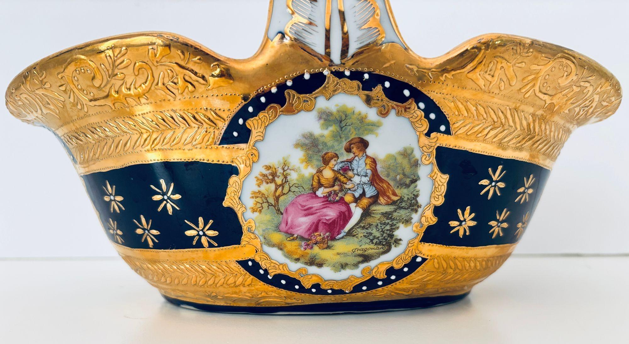 French Cobalt Blue Porcelain Basket Vase with 22K Gold Encrustation and Romantic Scene For Sale