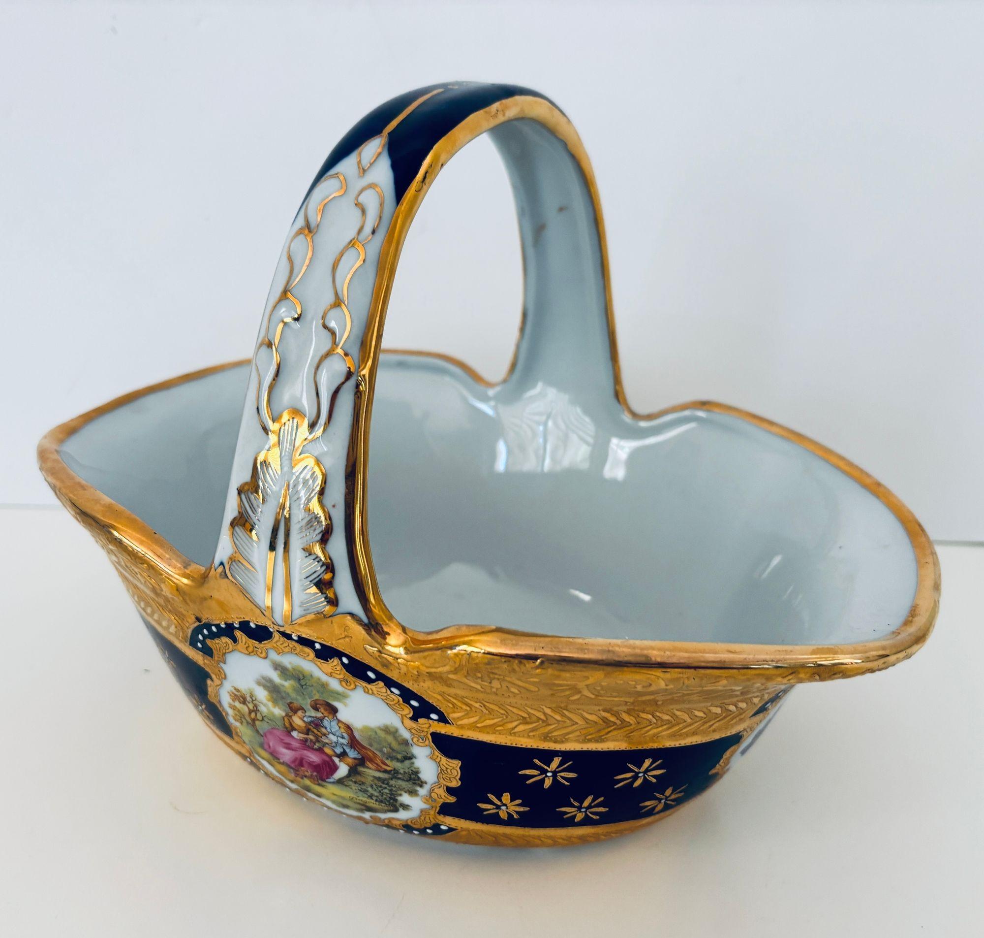 20th Century Cobalt Blue Porcelain Basket Vase with 22K Gold Encrustation and Romantic Scene For Sale