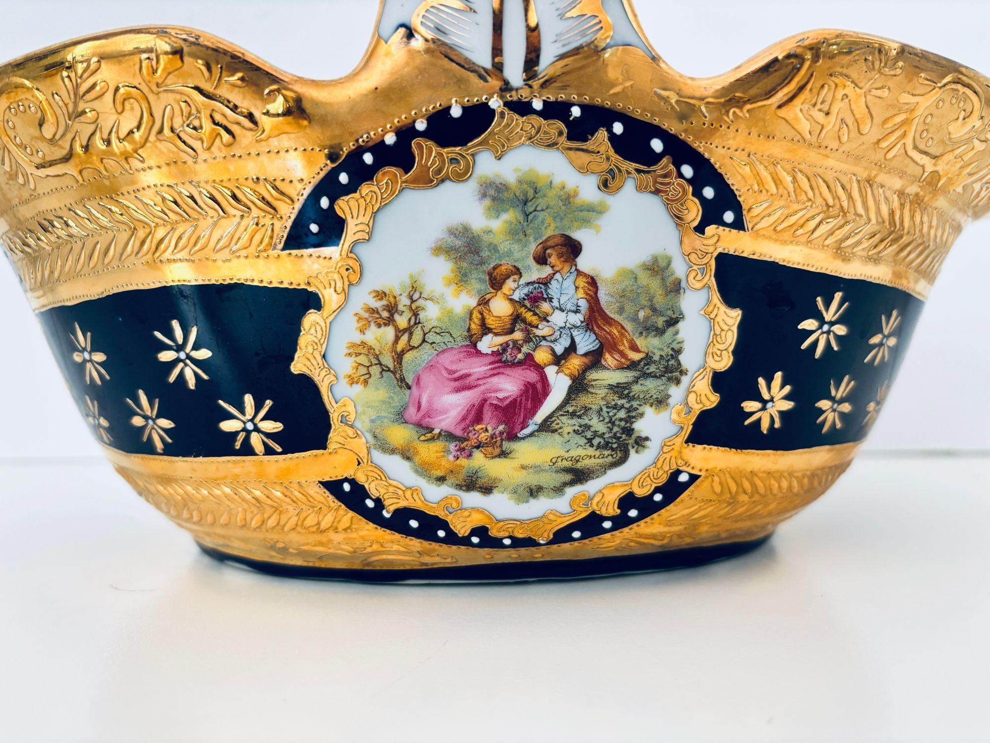 Cobalt Blue Porcelain Basket Vase with 22K Gold Encrustation and Romantic Scene In Good Condition For Sale In North Hollywood, CA