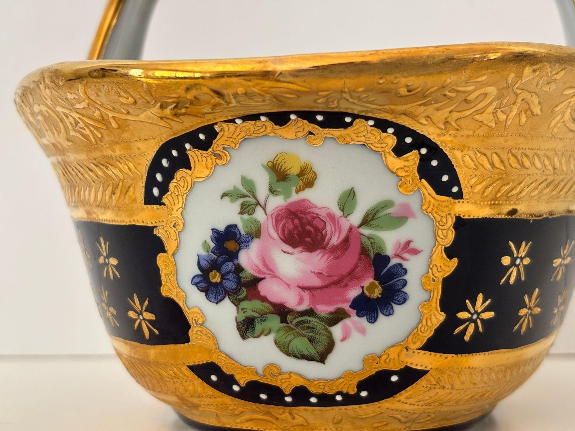 Cobalt Blue Porcelain Basket Vase with 22K Gold Encrustation and Romantic Scene For Sale 4