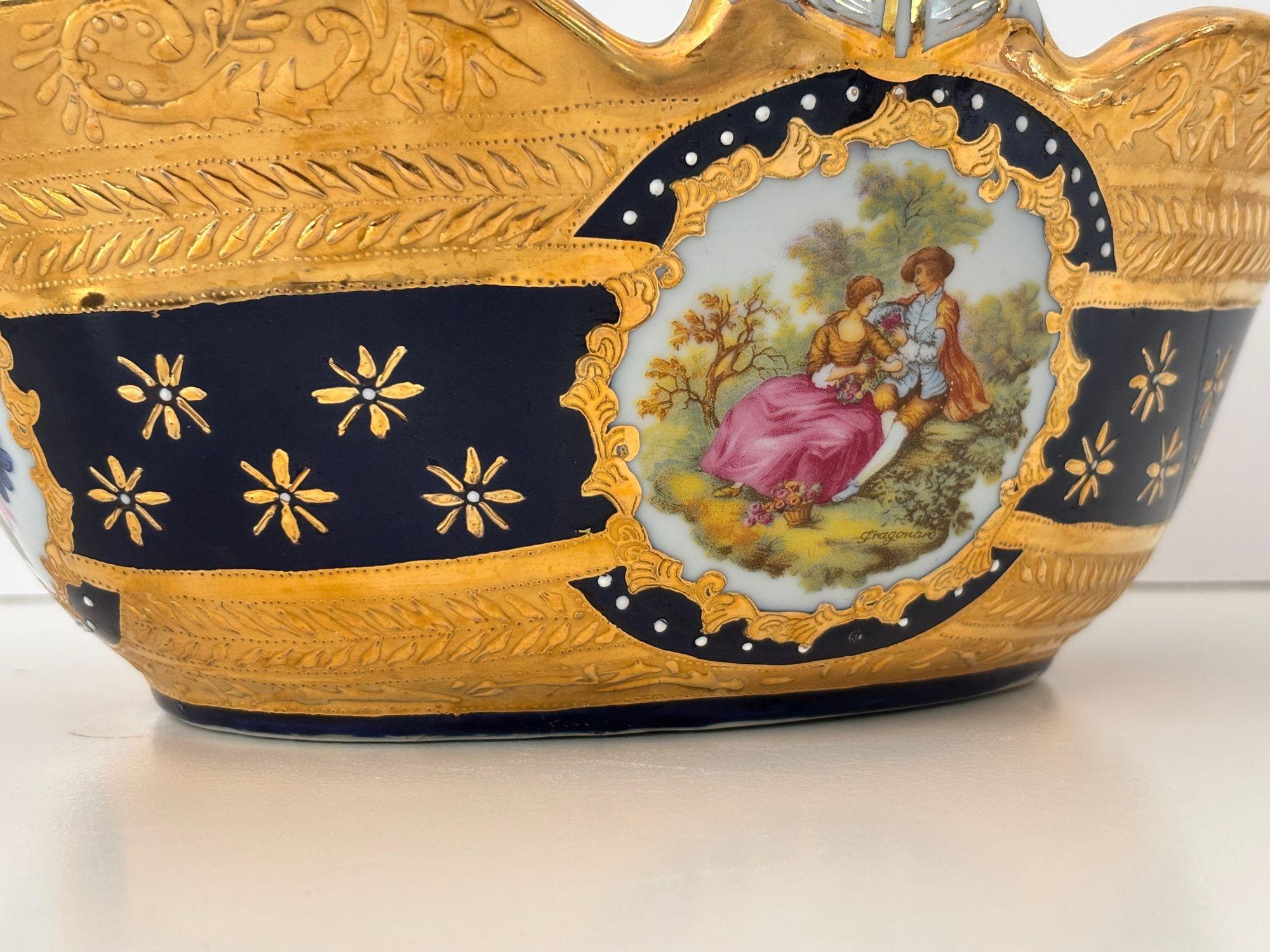 Cobalt Blue Porcelain Basket Vase with 22K Gold Encrustation and Romantic Scene For Sale 8