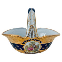 Cobalt Blue Porcelain Basket Vase with 22K Gold Encrustation and Romantic Scene