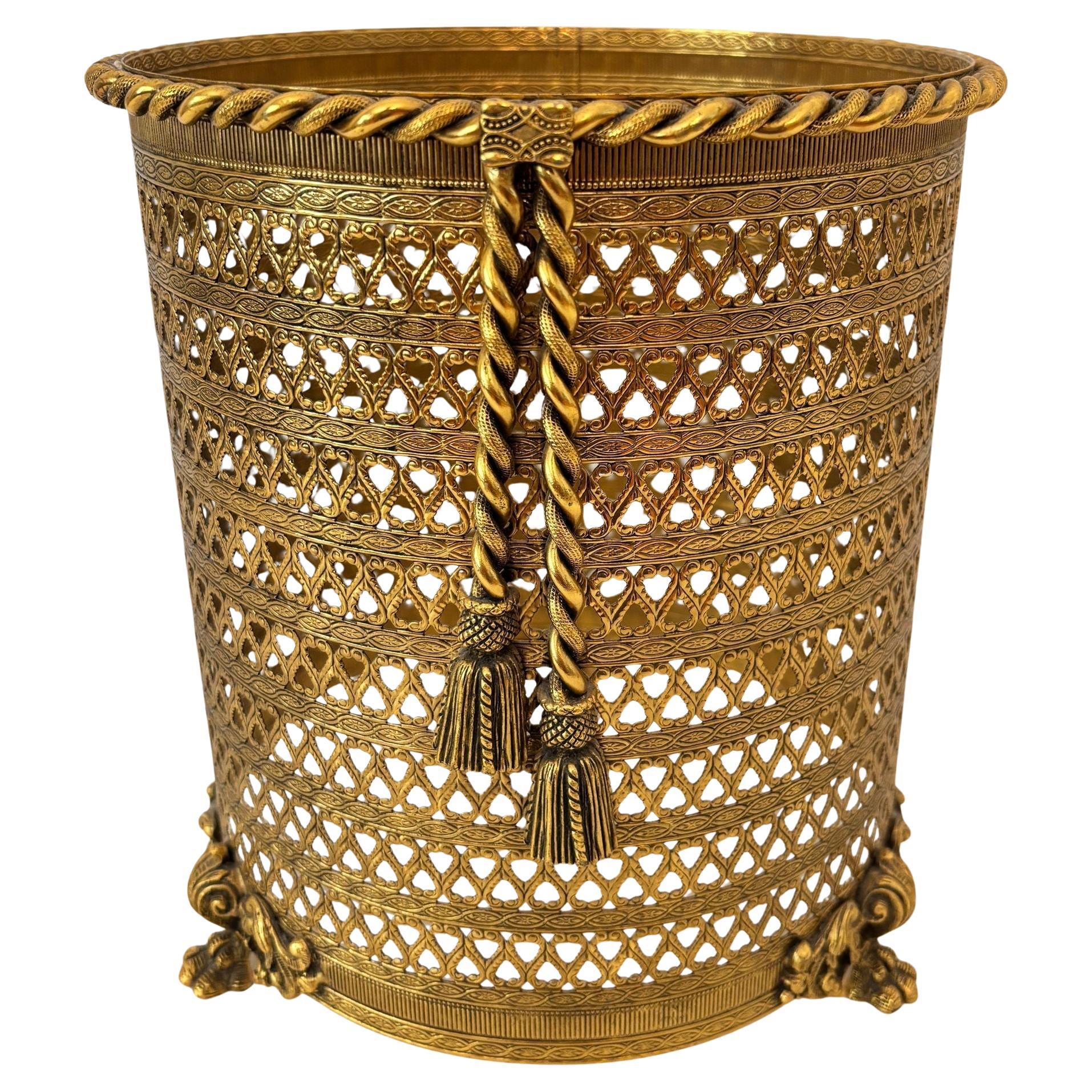 Hollywood Regency Rope and Tassel Gold Metal Filigree Wastebasket with Claw Feet