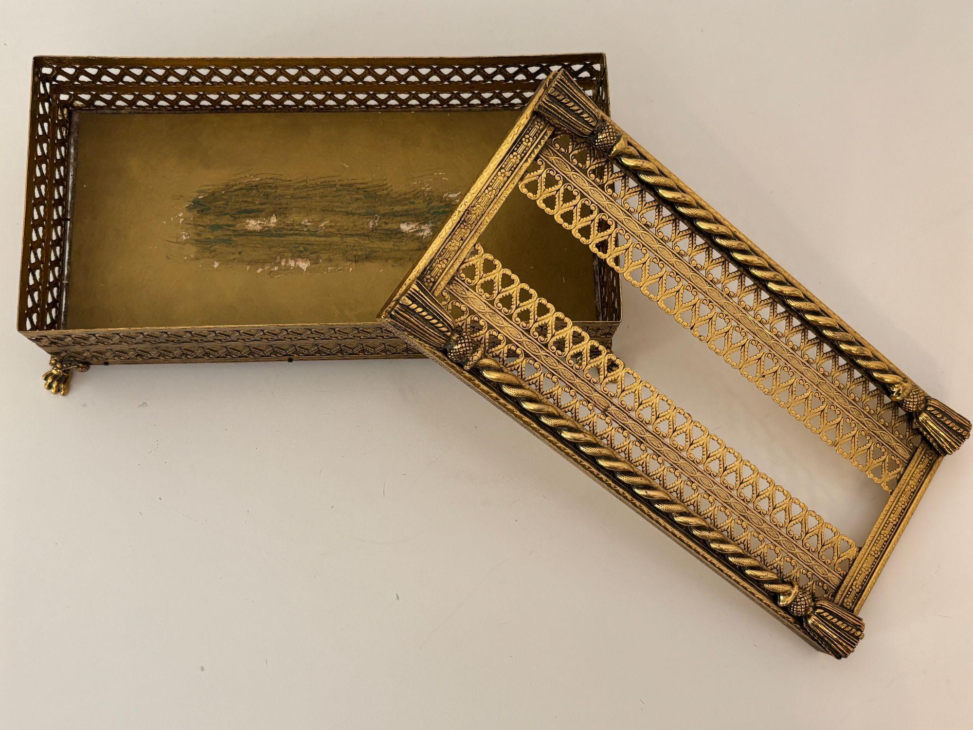 Cast Hollywood Regency Rope and Tassel Gilt Filigree Tissue Box Holder with Claw Feet For Sale