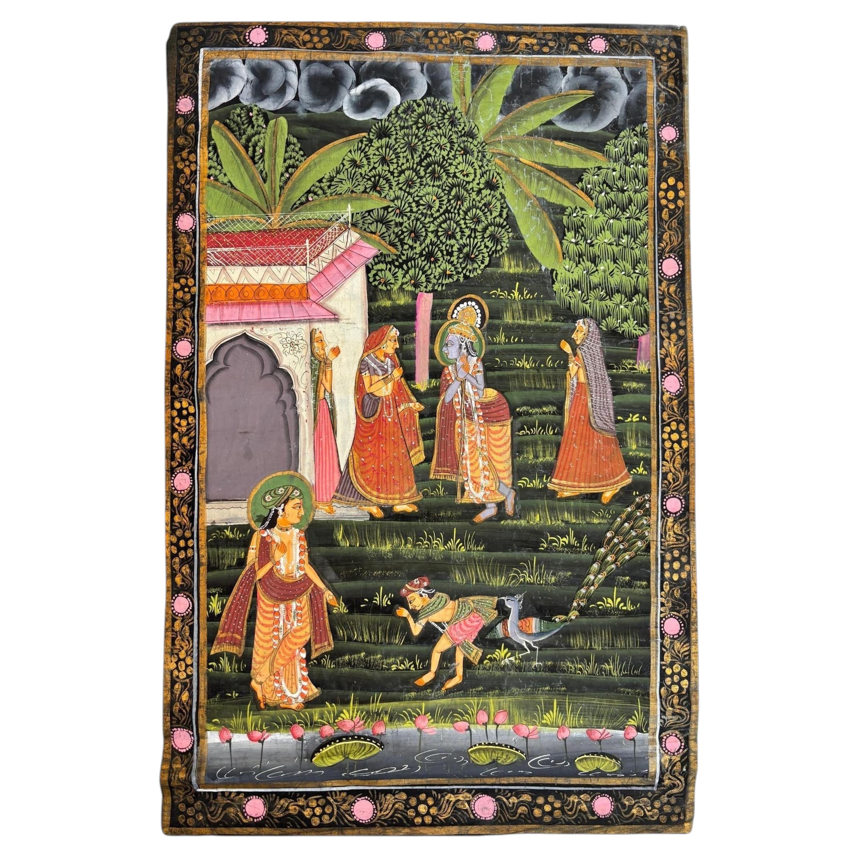 Vintage Rajasthani Krishna & Gopis Gouache and Gold Painting on Cloth