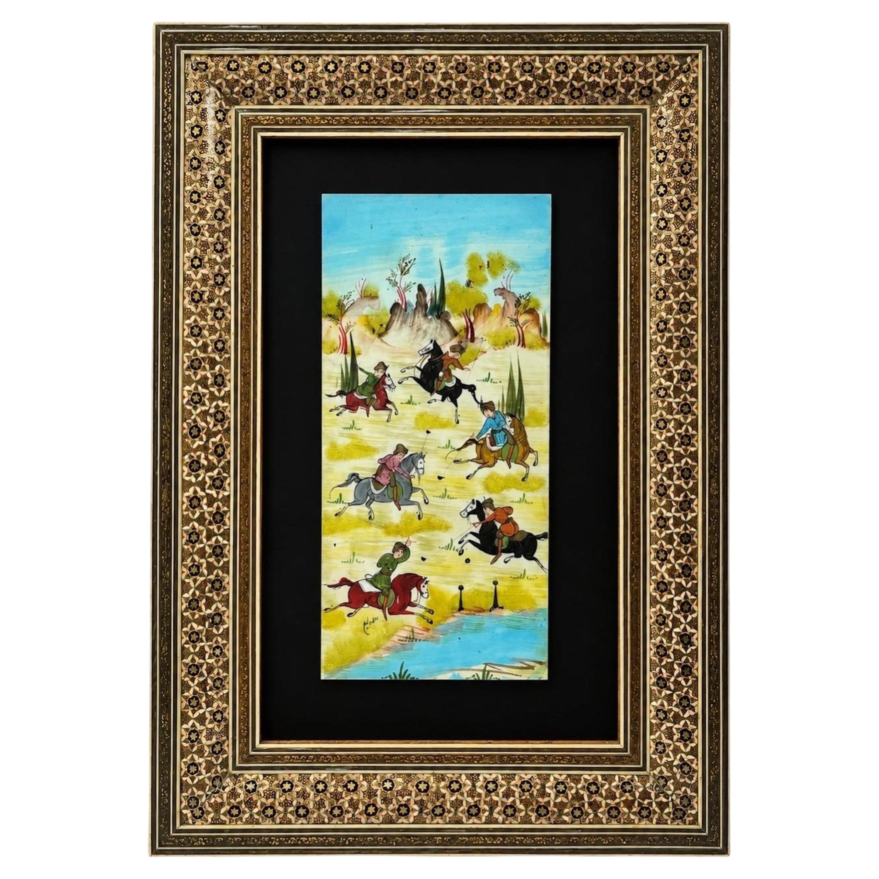 Indo-Persian Miniature Painting in Moorish Micro Mosaic Inlaid Marquetry Frame
