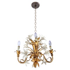 Italian Hollywood Regency Gilt Tole Lily Four-Light Chandelier, 1960s