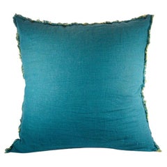 Vintage Handwoven Belgium Linen Throw Pillow in Blue & Yellow