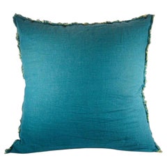 Oreiller en lin vintage tissé à la main en Belgique, bleu et jaune