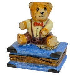 Limoges Porcelain Box with Teddy Bear on Book Hand-Painted France