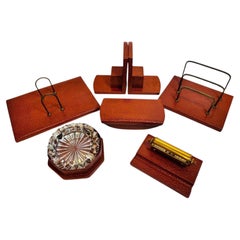 Ensemble de bureau vintage en cuir brun, French mid 20th Century