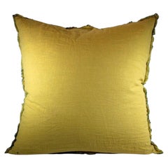 Vintage Handwoven Belgium Linen Throw Pillow in Yellow and Blue