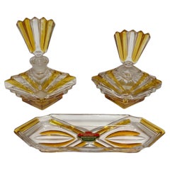 Art Deco Bohemian Bleikristall Crystal Vanity Set, Amber Cut Glass, circa 1930s
