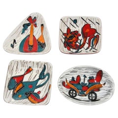 Set of Four Italian Leather-Backed Ceramic Dishes Florence, circa 1950