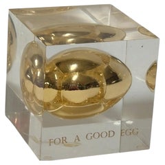 Postmodern Lucite “Golden Egg” Paperweight, “For a Good Egg” circa 1970s