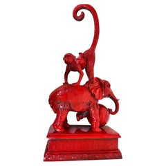 Chinese Red Elephant Monkey and Ball Sculpture Maitland Smith Style