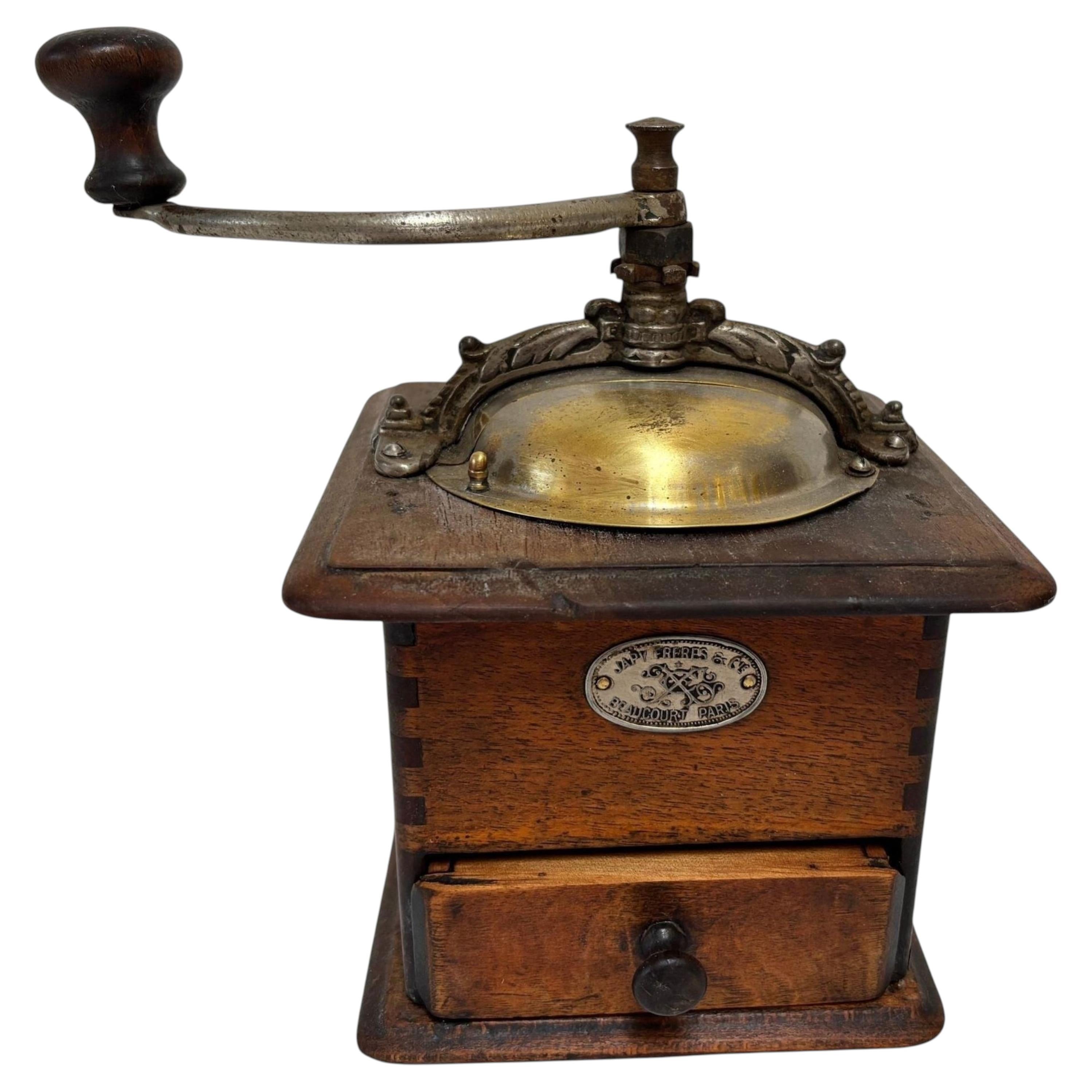 Japy Frères Antique French Coffee Grinder Beechwood and Cast Iron, circa 1920