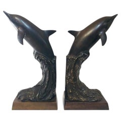 Vintage Pair of Bronze Dolphin Bookends, Mid-Century Nautical Sculptural Decor