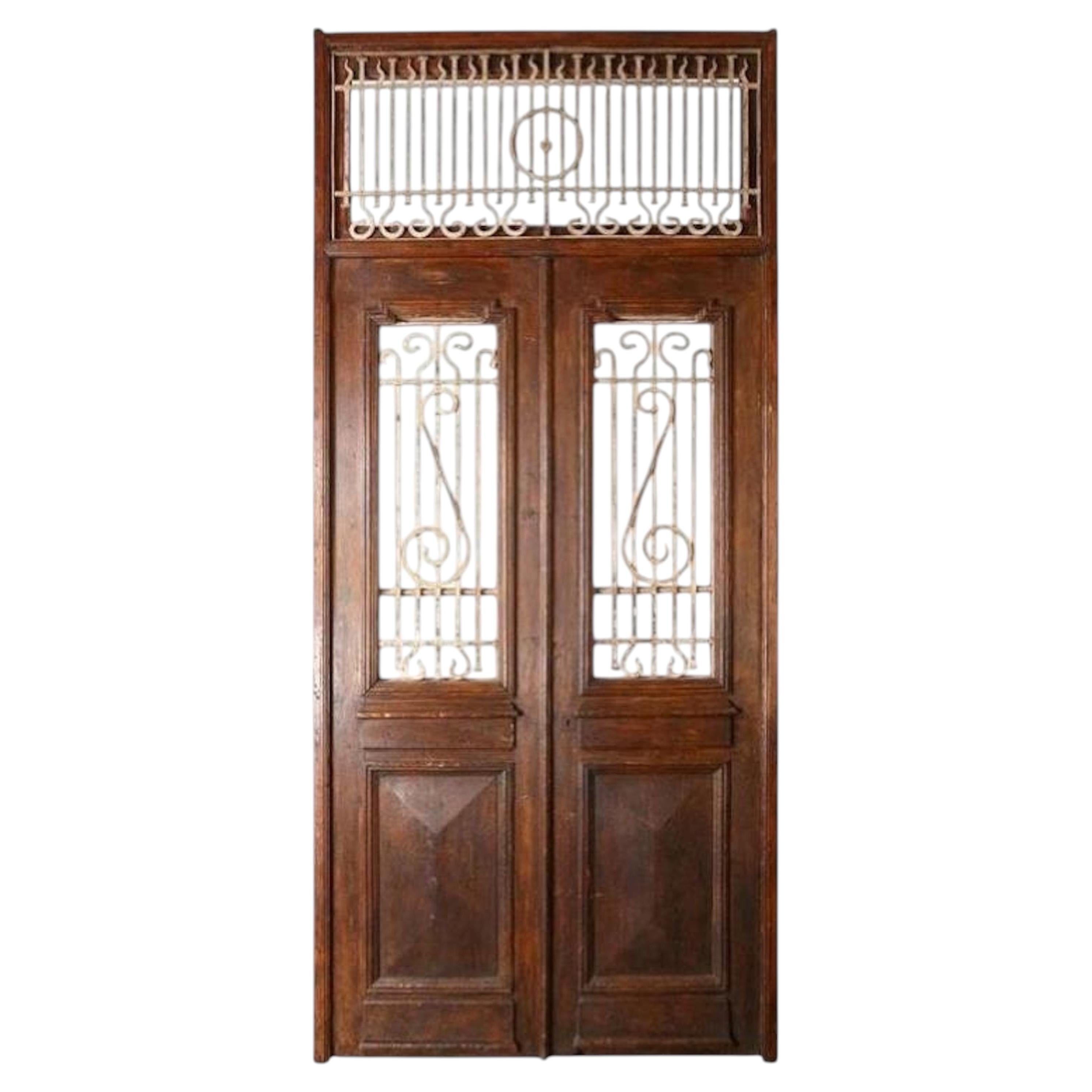 Antique French Painted Double Entry Doors with Transom Wood and Wrought Iron