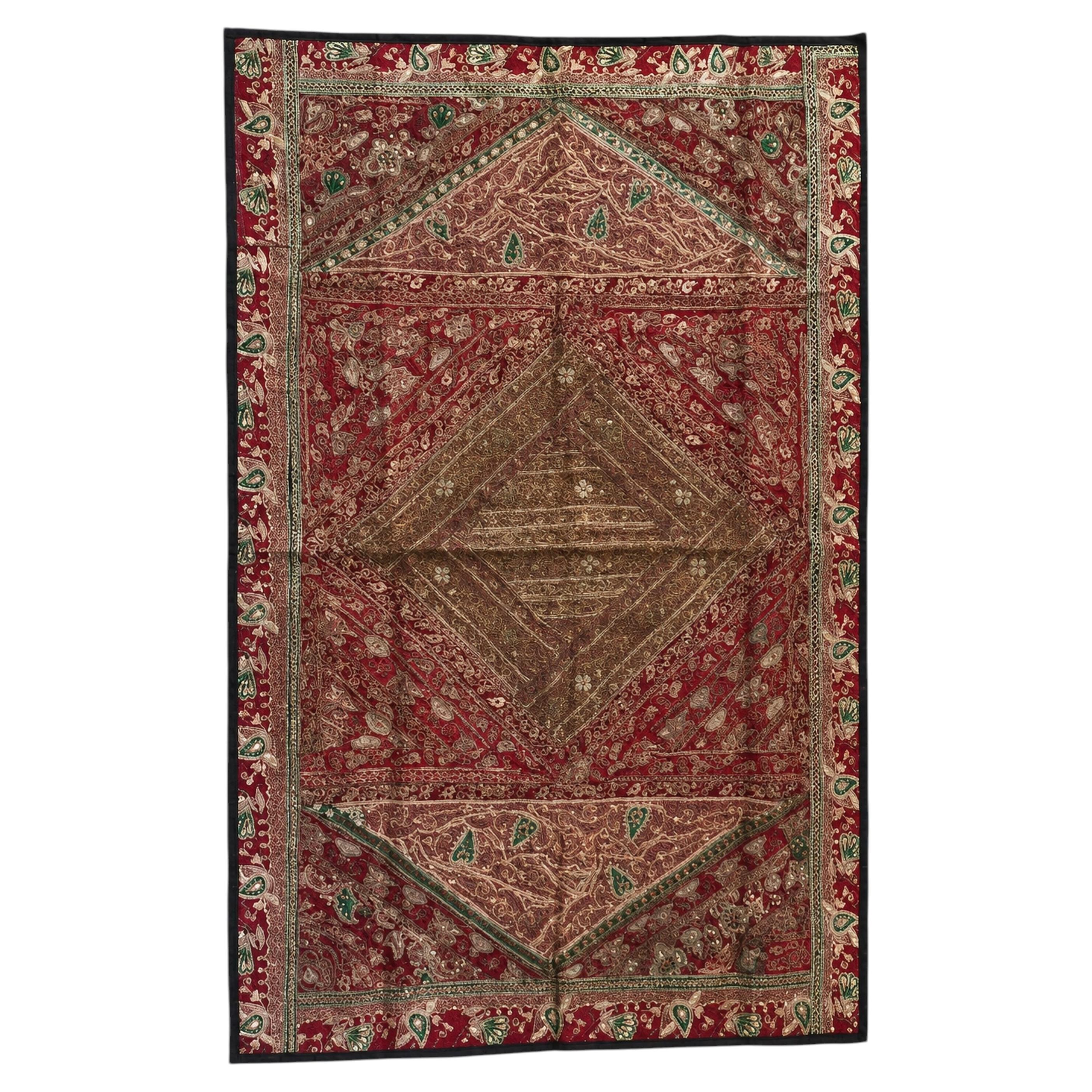 Large Rajasthani Metallic-Thread Embroidered Silk Textile, Circa 1950 For Sale