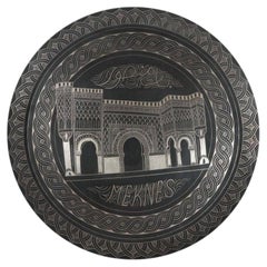 Moroccan Hand Chased Black Metal Tray in Moorish Style, 20th Century